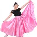 Girls Satin Full Dancing Circle Long Flowy Dance Skirt for Belly Dance, Flamenco, Classical & Folk Dance (8-12 Years, Pink)