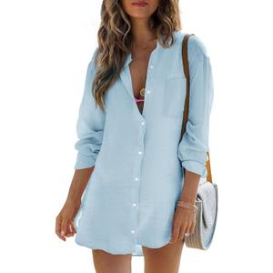 Womens Beach Cover Up Button Down Shirts Summer Cotton Gauze Tops Long Sleeve Bikini Swimsuit M