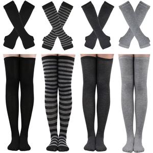 Barrlves 2/4 Sets Womens Striped Knee High Socks Long Knitted Arm Warmers Fingerless Gloves for Halloween Costume (4 Sets Solid Black+White+Deep Grey+Grey), One Size