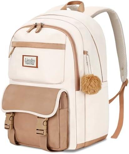 LIECDRO Cute backpack for girls teens,School bookbag for Girls Teens Women,17.3 inch laptop backpack for women, Bookbag for Middle School College Students,Water Resistant school bag,Beige