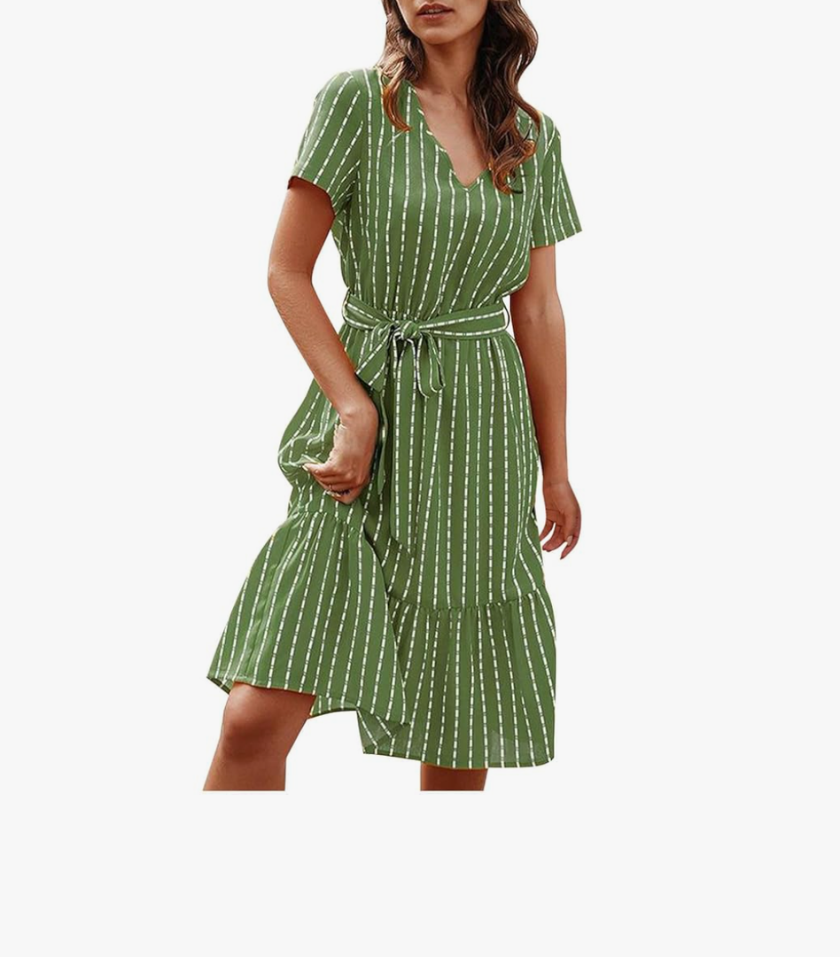 Brovave Women's Summer Short Sleeve V-Neck Striped Chiffon Dress Tie Waist Casual Work Office Midi Dresses Fashion Clothes S