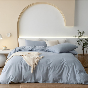 JIYUAN 100% Washed Cotton Duvet Cover Set 3 Pieces Queen, 1 Duvet Cover 90x90 Inches (Comforter Not Included) and 2 Pillowcases, Linen Feel Bedding Set Comfy and Breathable, Heathered Light Blue