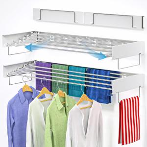 Wall Mounted Drying Rack,Laundry Clothes Drying Rack , Folding,Retractable,Collapsible with 2 Handles and Wall Template for Indoor Outdoor Hanging Clothes, Space Saving,5 Rods, (White 31.5 Inch)