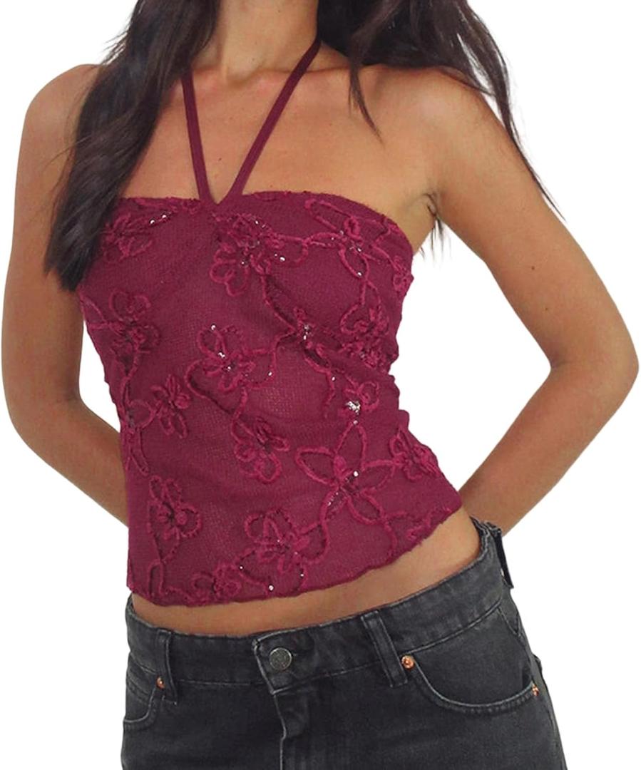 Womens Halter Tank Top Sexy Sleeveless Sequin Floral Print Back Tie Up Slim Fitted Backless Crop Vest (Small, Claret)