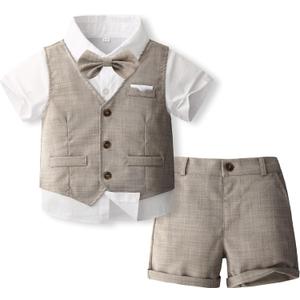 Volunboy Baby Boys Summer Suits Short Sleeve Wedding Ring Bearer Outfits 4Pcs Graduation Dress Vest Shirt Bowtie Shorts Set (3-4T, Khaki) Volunboy Baby Boys Summer Suits Short Sleeve Wedding Ring Bearer Outfits 4Pcs Graduation Dress Vest Shirt Bowtie Shorts Set (3-4T, Khaki)