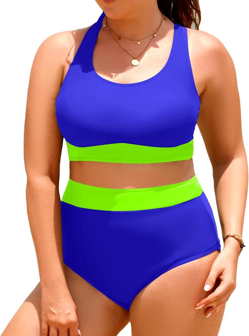 Aqua Eve Plus Size Two Piece High Waisted Bikini Swimsuits Scoop Neck Bikini Set Sporty Bathing Suits (Blue and Neon Green) 18W