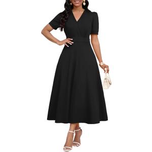 MarryUP Women's Midi Dresses - V Neck Cocktail & Church Tea Dresses - Short Sleeve A-Line Swing Dress (Black, XXL)