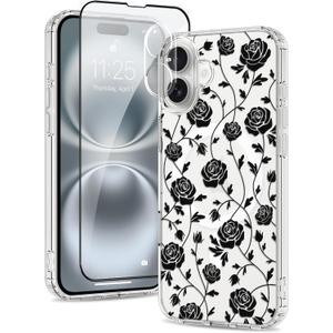 Magnetic for iPhone 16 Plus Case [Compatible with MagSafe][with Screen + Camera Protector] Clear Rose Floral Flower Pattern Design, Slim Shockproof Phone Cover for Women Girls