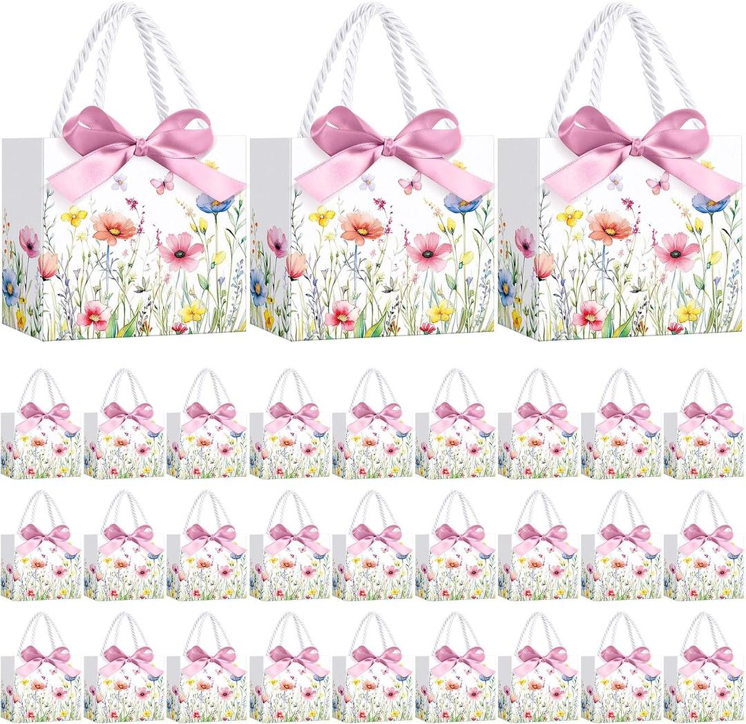 Moinchore 30 Pcs Wildflower Paper Gift Bags Bulk 5.5 x 4.7 x 2.5 in Mini Floral Favor Bags with Handles Bow Ribbon Wrap for Spring Summer Birthday Wedding Home Bridal Shower Garden Supplies