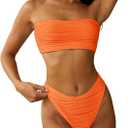 ZAFUL Women Strapless Textured Bandeau Bikini 2 Piece Swimwear Cheeky Solid Lace up Bathing Suits (Large, 1-orange)