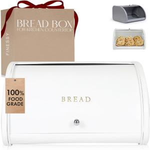Modern Metal White Bread Box for Kitchen Countertop for Homemade Loaf Sourdough, Roll Top Breadbox for Kitchen Countertop Storage Container Bin, Farmhouse Stainless Steel Bread Keeper for Counters (Luxe White)