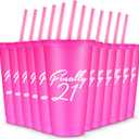 Bokon 12 Pieces Pink Tumbler Bulk 24 oz Birthday Cup with Straw and Lid 21st Birthday Decorations for Her Ice Reusable Coffee Cup Drinking Mug Tumbler for Girl Women Party Favor Supply(Finally 21)