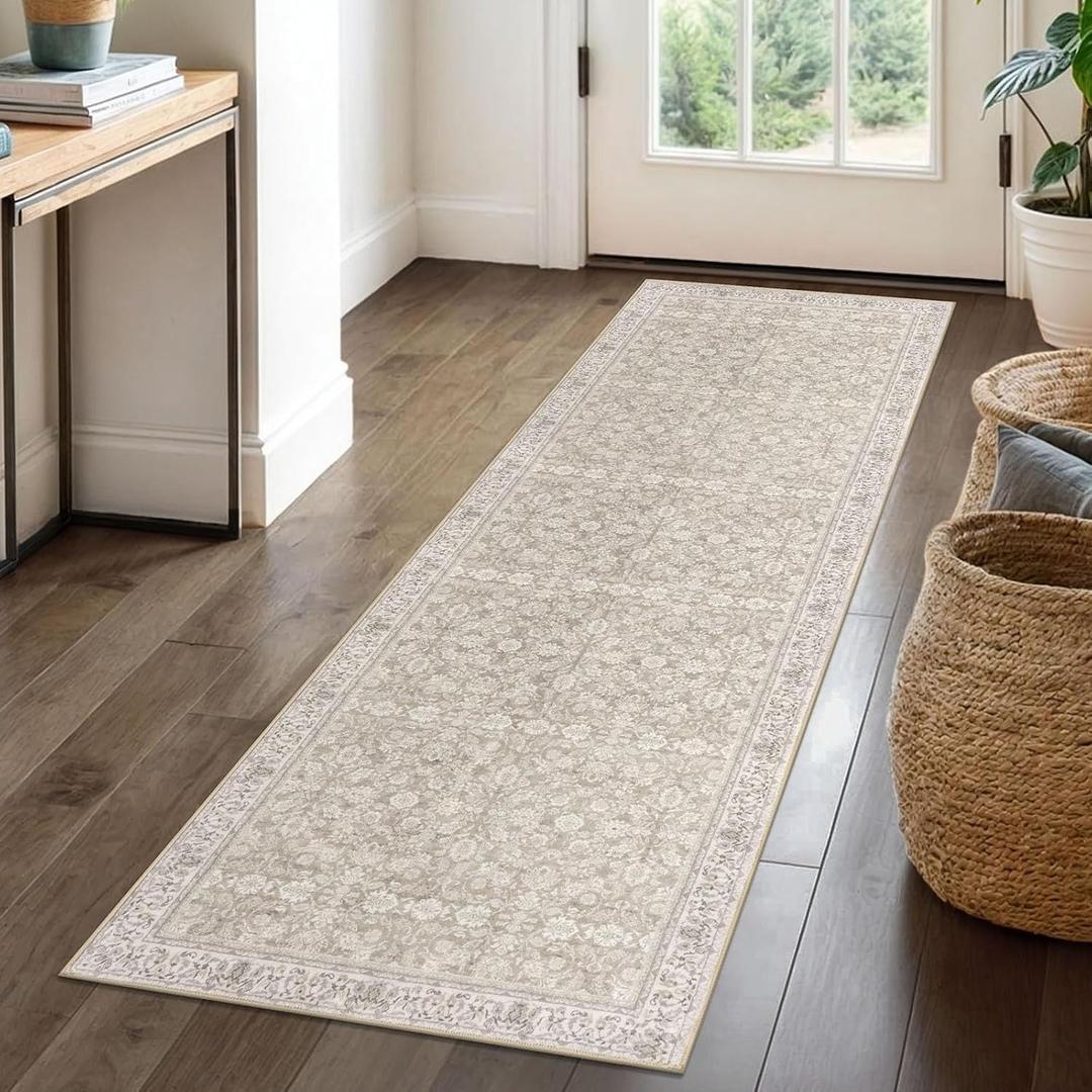 SIILOOM 2x6 Washable Runner Rug for Hallways, Cream Beige Yellow White Grey Soft Neutral Vintage Kitchen Rugs with Non-Slip, Non-Shedding Distressed Floral Rug for Bedroom Porch Laundry Entryway