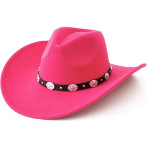 Lanzom Women Men Felt Wide Brim Western Cowboy Hats Belt Buckle Panama Hat (Large-X-Large, Rose)