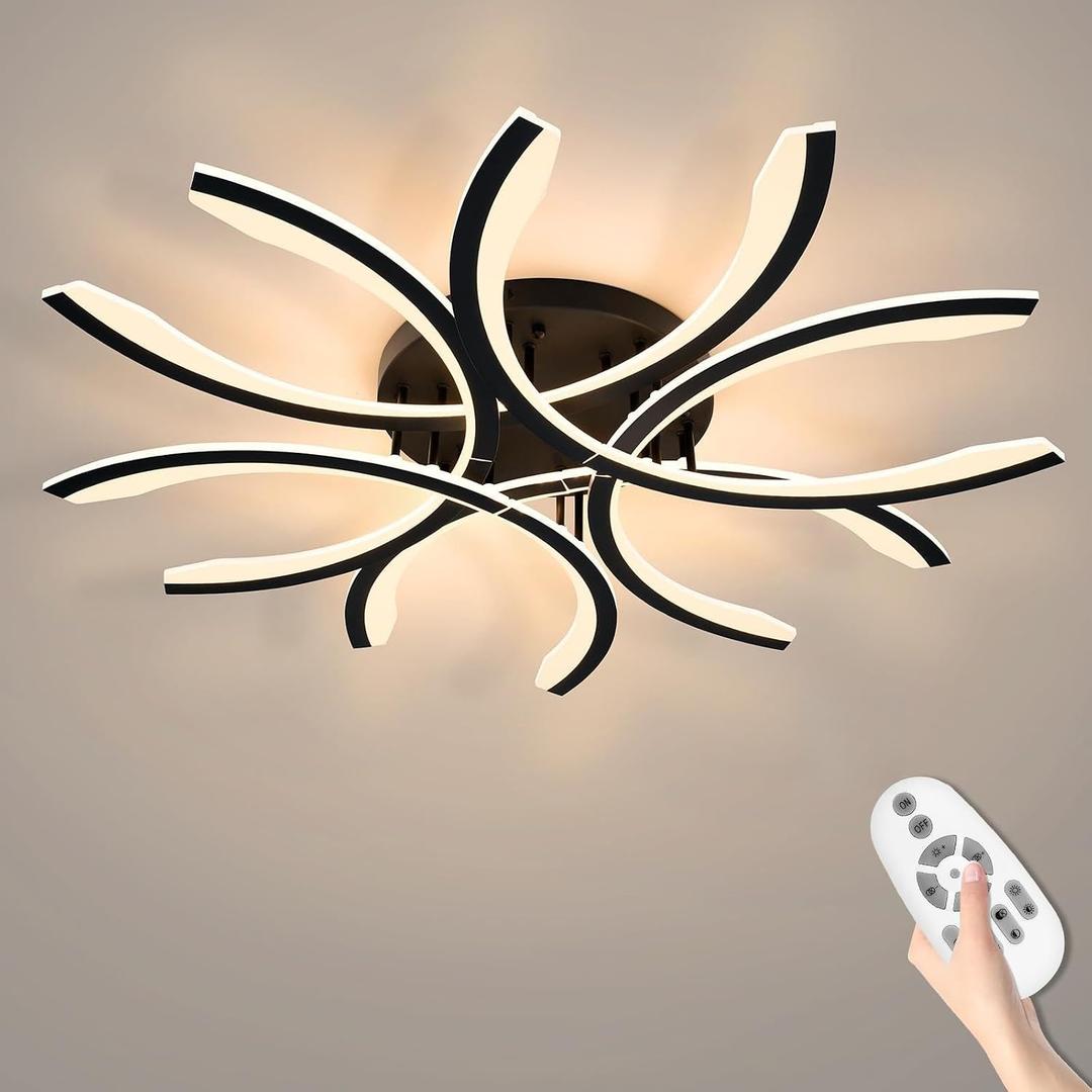 Modern LED Flush Mount Ceiling Light - 12 Lights Dimmable Close-to-Ceiling Fixture with Remote Control, 144W 3000K-6500K Adjustable Color Temperature for Bedroom, Living Room (Black)