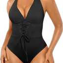 SHAPELLX Women One Piece Swimsuits Tummy Control Bathing Suits Push Up Slimming Swimwear with Built-in Bra V Neck (XX-Large, Black)