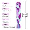 Colorful Braiding Hair Extensions,24 Inch 3 Packs Synthetic High Temperature Rainbow Jumbo Braids Hair 4 Tone Crochet Colored Hair Extension for Braiding(Purple/Light Purple/Blue/Light Cyan)
