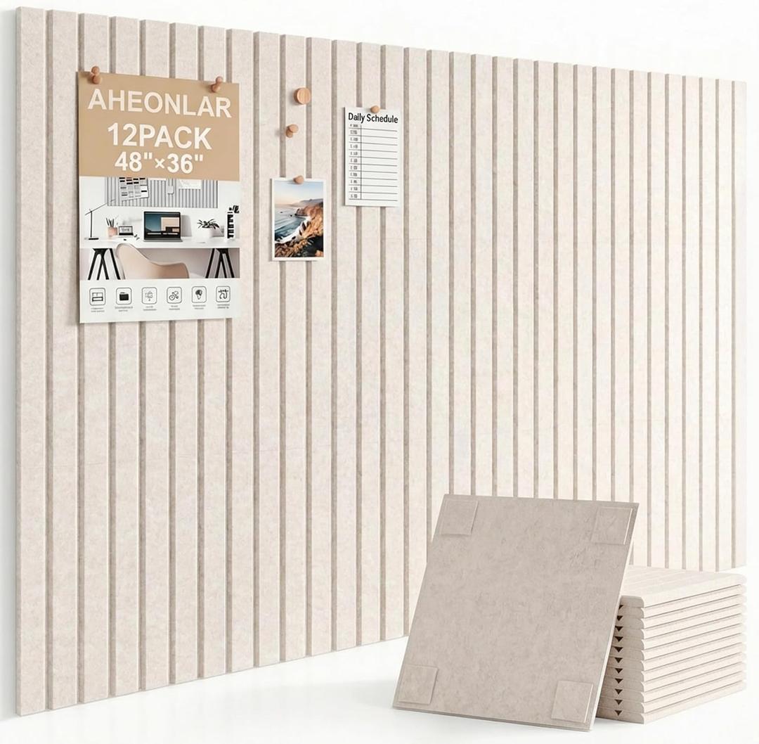 AHEONLAR Felt Bulletin Board 48" x 36", Cork Boards for Walls, 12 Pack Bulletin Board Large Cork Board for Office, Felt Boards with 70 Safe Removable Adhesive Tabs, Pin Board for Home(Light Beige)