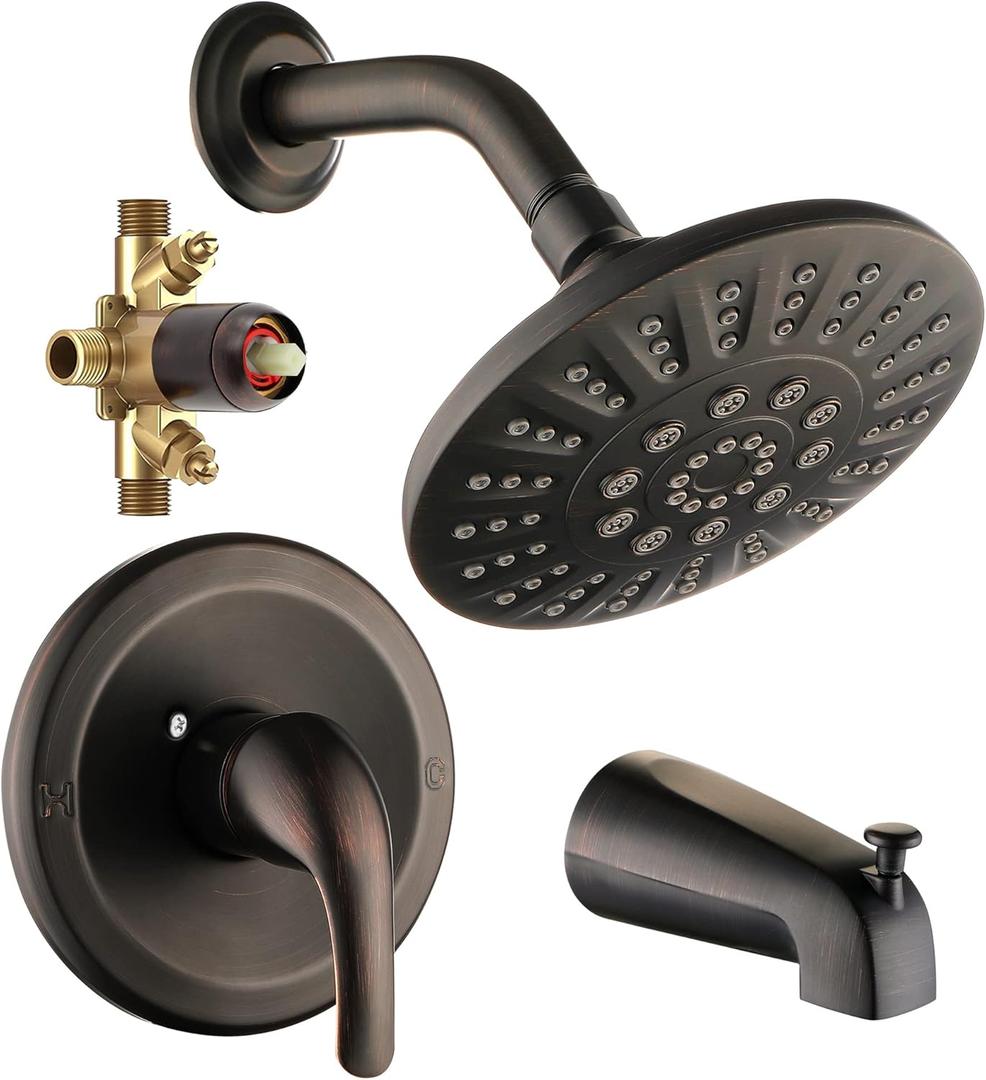 Shower Tub Faucets Sets Complete with Diverter, 5 Spray Settings, 6-Inch Bathtub Waterfall Handle Combo, 2.5 GPM High-Pressure Bathroom Rain Shower Head System, Oil Rubbed Bronze