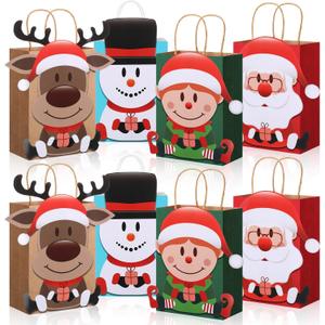24 Pcs Small Christmas Treat Bags Goodie Bags with Handles for Christmas Party Favors Supplies, Santa Claus Elf Snowman Reindeer Pattern Xmas Gift Bags for Chrismas Winter Holiday Party Decorations