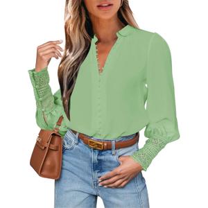 Fallorchid Women's Lace Long Sleeve Tops Button Down Shirts Dressy Casual Blouses Fall Fashion Clothes (Green, M)