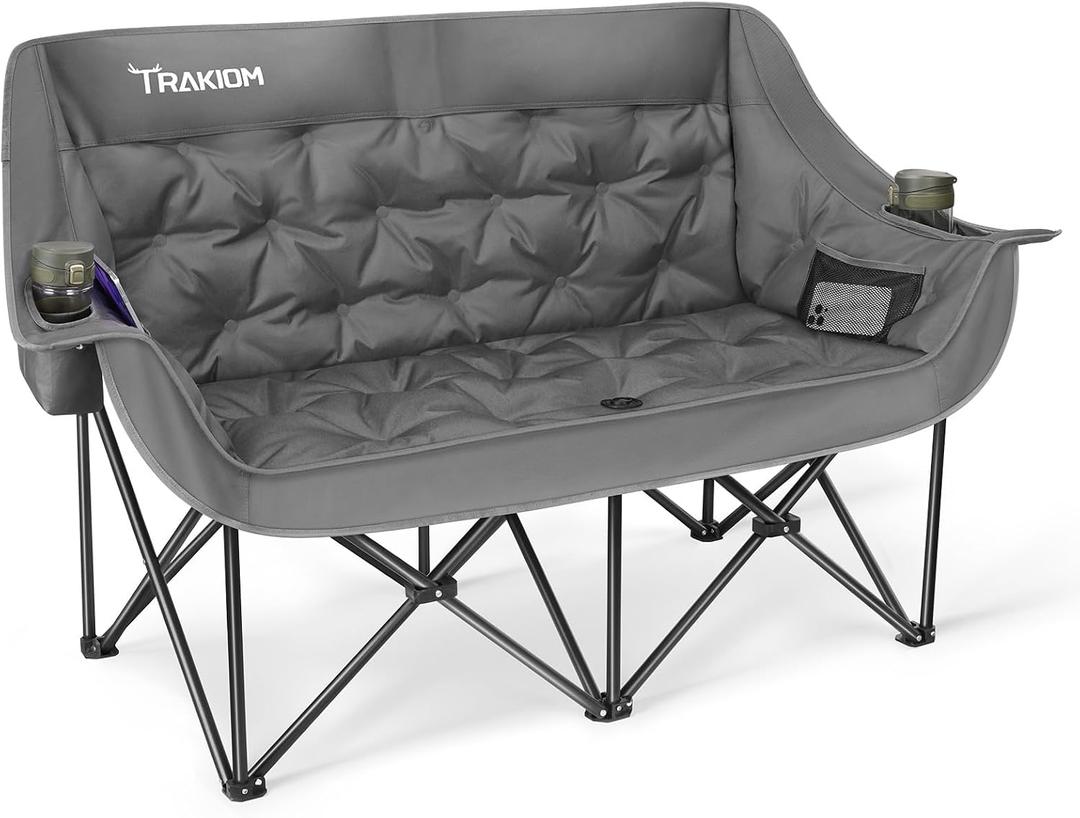 Trakiom Double Camping Chair, Oversized with Cup Holders, Grey