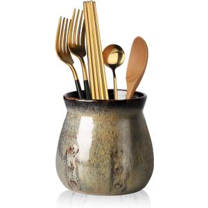 HAOTOP Ceramic Utensil Holder, Small Utensil Crock Ideal for Spoons, Forks and Knives, Easy to Clean 30 oz (Gradient Gray)