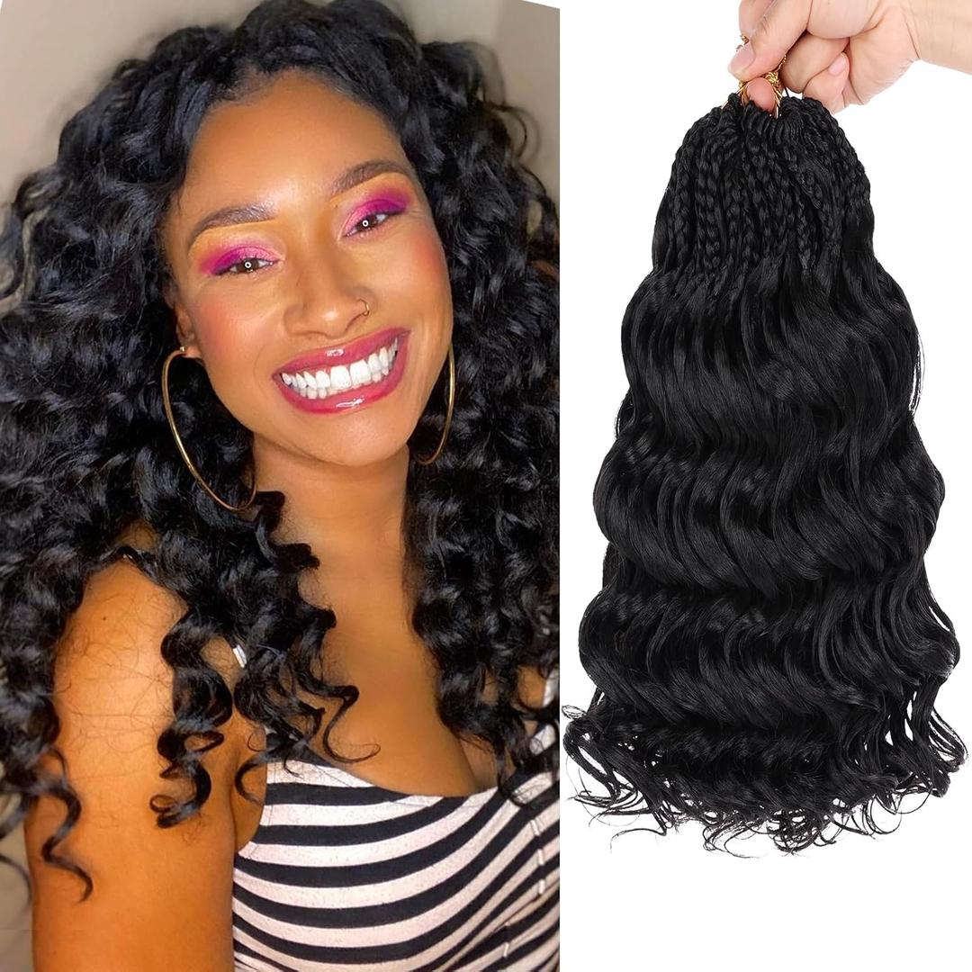 Leeven Curly Crochet Hair 12 Inch 8 Packs Pre Looped Ocean Wave Crochet Hair Black Short Boho Ocean Braids Pre Twisted Synthetic Deep Wavy Crochet Braids for Women (#1B)