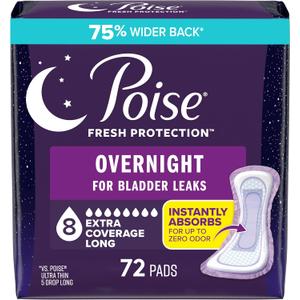 Poise Overnight Incontinence & Postpartum Pads for Bladder Leaks, 8 Drop Extra Coverage, 72 Count (2 Packs of 36), Packaging May Vary (Extra-Coverage)