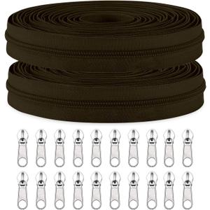 Sawoake 10 Yards Bulk Zipper, (#5) Zippers for Sewing, Brownish Black Nylon Coil Zipper by The Yards, Replacement Sewing Zipper with 20PCS Zipper Sliders for DIY Sewing Craft Bags(#5 Brownish Black)