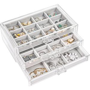 ProCase Earring Holder Organizer Jewelry Box with 3 Drawers, Acrylic Clear Earring Case with Adjustable Velvet Trays for Women - Grey, 3 Layers
