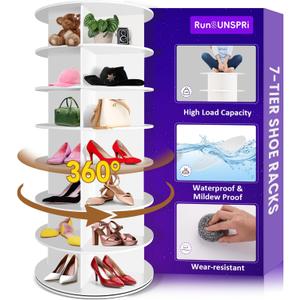 7 Tier Rotating Shoe Rack, 360 Revolving Free Standing Shoe Organizer, Multifunctional Storage Revolving Shoe Rack Tower, Spinning Shoe Display Lazy Susan (White)