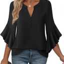 Bebonnie Womens Tops Dressy Casual Ruffle 3/4 Sleeve Henley V Neck Chiffon Blouses with Buttons (XX-Large, Black)