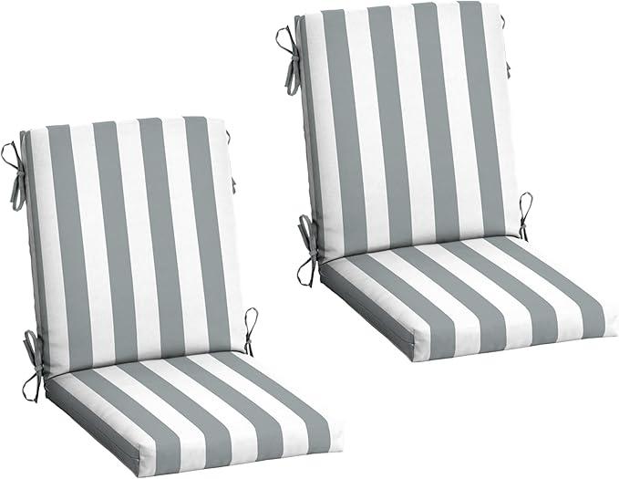 Arden 2-Pack Patio Dining Outdoor Chair Cushions, 20x44, Rain-Proof Seat Pad, Fade-Resistant Outdoor Cushion Stone Grey Cabana Stripe