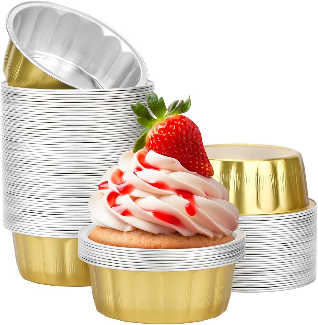 Beasea 8 oz 100 Pack Aluminum Ramekins, Disposable Ramekins Foil Cups Baking 3.9" Ramekin Cup Muffin Cupcake Aluminum Baking Cup Mini Pudding Souffle Cups for Party Wedding Birthday - Gold