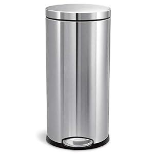 simplehuman Round Step Can, 30L / 8 Gallon Kitchen Trash Can, Iconic Round Shape, 150,000-Step Pedal, Lid Shox® Silent Close, Removable Inner Bucket, Brushed Stainless Steel