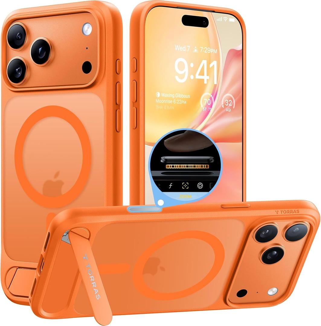 TORRAS Strong Magnetic & Seamless Stand for iPhone 17 Pro Max Case, Fit for MagSafe, Military Grade Drop Protection, Adjustable Kickstand for iPhone 17 Pro Max Case Translucent Matte Orange