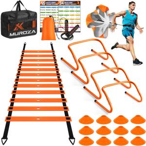 MUROZA Agility Ladder, Agility Speed Training Equipment Set, 20ft Speed Ladder, 12 Soccer Cones, 4 Hurdles, Jump Rope, Running Parachute, Soccer Football Basketball Training Equipment Accessories