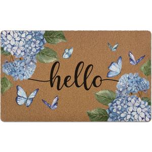Blue Hydrangea Hello Door Mat, Floral Butterfly Artificial Coir Front Door Mat Indoor Outdoor Entrance, Welcome Farmhouse Summer Doormat Rug for Porch Entryway Patio Decor, 17X30 Inch
