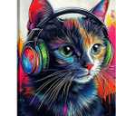 Cat Canvas Wall Art Graffiti Wall Decor Framed Funny Cat Listen to Music Picture Pet Painting Modern Pop Prints for Living Room Home Office Ready to Hang - 16.00"x24.00"
