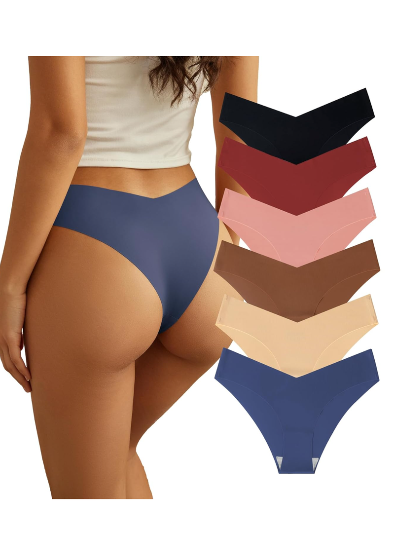 Women Seamless Underwear Soft No Show Stretch Bikini Invisibles Hipster V Cut Panties 6 Pack, Size M