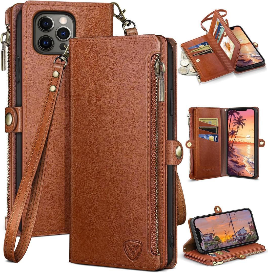 XcaseBar for iPhone 13 Pro Max 6.7" Wallet case with Zipper Credit Card Holder【RFID Blocking】, Flip Folio Book PU Leather Phone case Shockproof Cover Women Men for Apple 13 Pro Max case Light Brown