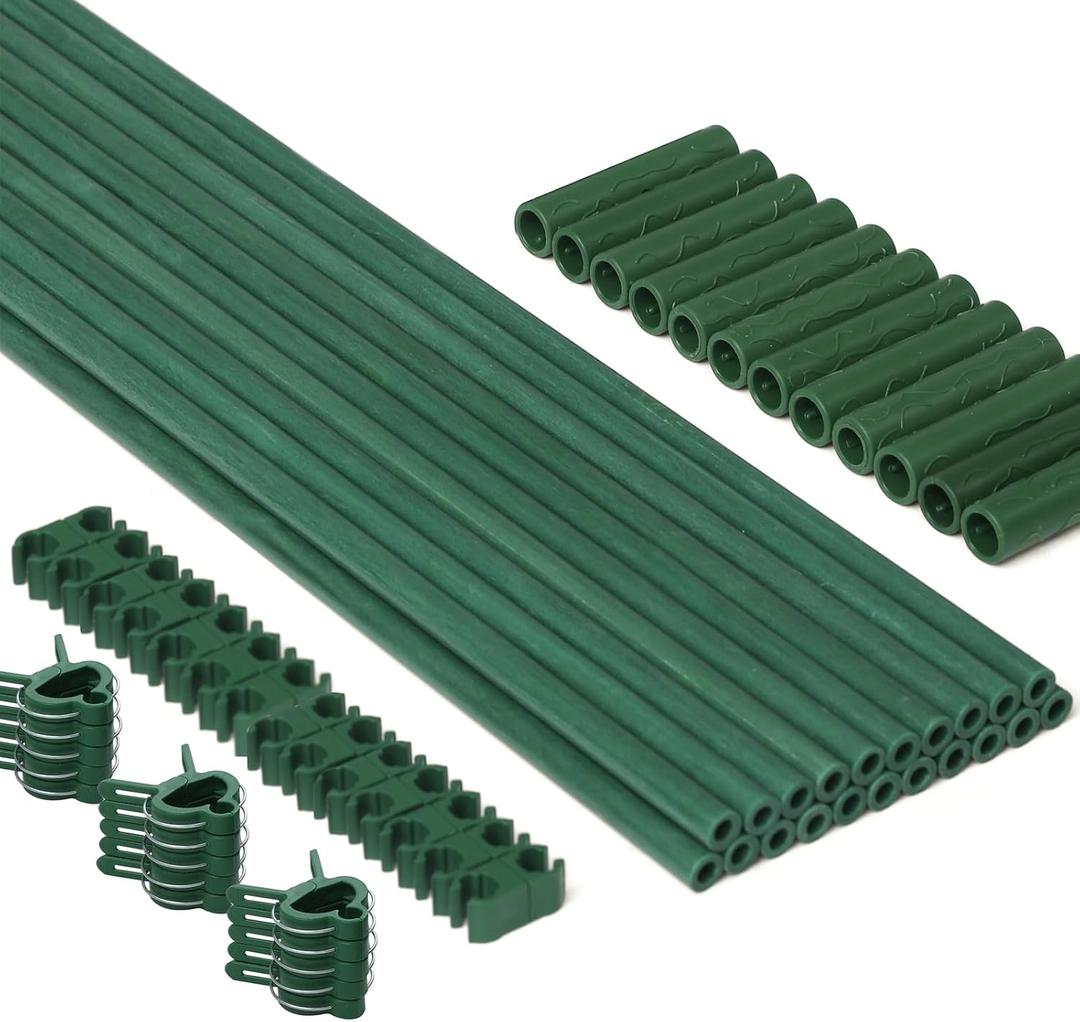 MAXPACE 62pcs Garden Stakes Kit: Includes 20 Sets of Fiberglass Plant Sticks Supports & Accessories for DIY 4ft, 5ft, 6ft, 7ft Stakes for Tomato, Vegetables, Indoor & Outdoor Gardening Supplies
