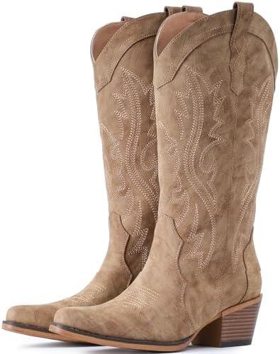 IUV Cowboy Boots For Women Western Cowgirl Boots with Chunky Heel Mid Calf Snip Toe Ideal for low insteps, 10