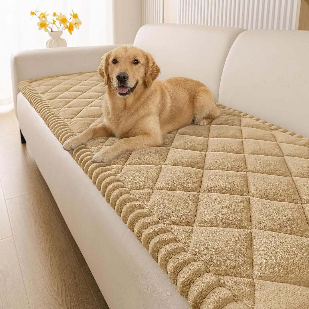 Smiry Fuzzy Couch Cover for Dogs, Non Slip Washable Pet Sofa Cover, Scratch Proof Hair Resistant Plush Sofa Slipcover, Pet Friendly Couch Cushion Protector for Cat, Camel, 27.6" x 88"