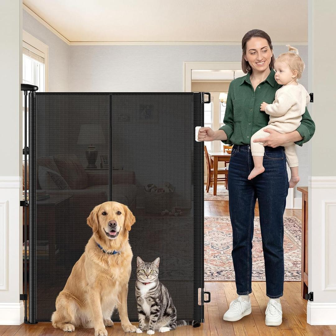 Reinforced 52" Extra Tall Baby Gate for Doorway, Jump-Resistant & Prevent Crawling Underneath Retractable Dog Gates Indoor, 0-55" W Retractable Baby Gate for Doorway, Safety Extra Tall Cat Gate, Black