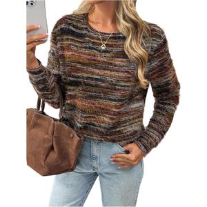 SOLY HUX Women's Long Sleeve Crew Neck T Shirts Vintage Striped Fuzzy Tees Fall Pullover Tops Brown Multi, X-Large