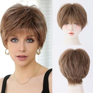 Short Pixie Cut Wigs Human Hair with Bangs in Light Brown for Women Breathable Real Hair Wig Glueless and Poofy for Everyday Life (6inch,Brown)