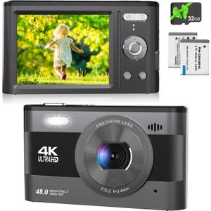 4K/48MP Digital Camera, Compact Vlogging Camera with 18X Zoom, 3 Inch Screen, 32GB SD Card, 2 Batteries