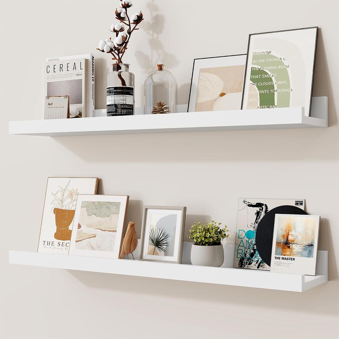 Heimlove Picture Ledge Shelf,24 inch Long Floating Shelves for Wall Set of 2,White Picture Shelf with Lip for Wall Decor,Living Room,Bedroom,Bookshelf,Nursery,Perfume